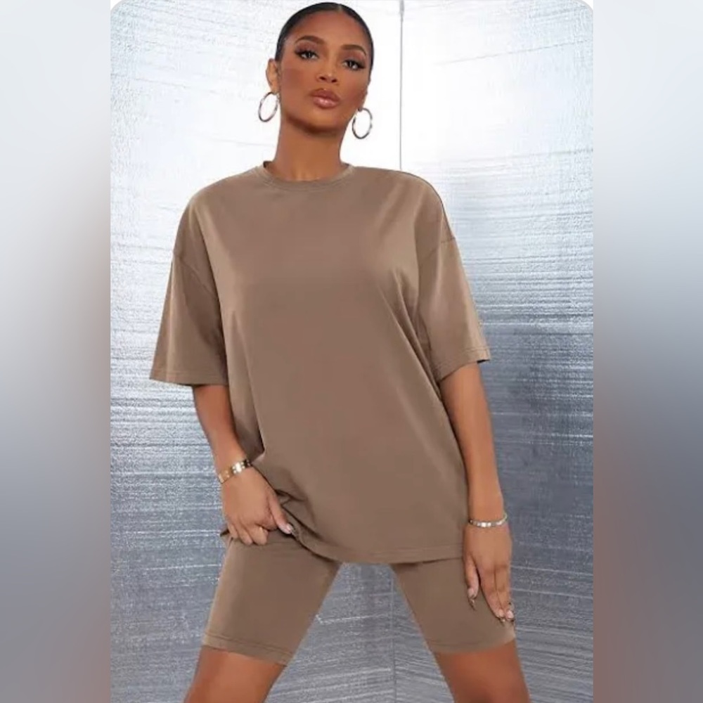 SOLD! Misguided brown Oversized T-Shirt and Biker Short Set